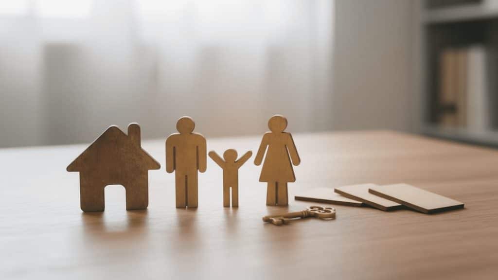 Wooden figures of a family and a house, with a key on a table, by IGOR LOLATTO on Unsplash.